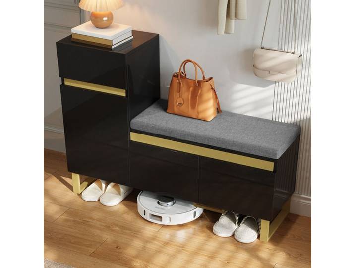 HOMVRA Meuble à chaussures d entrée 120x35x85 cm avec banc à coussin tiroir et portes MDF noir
