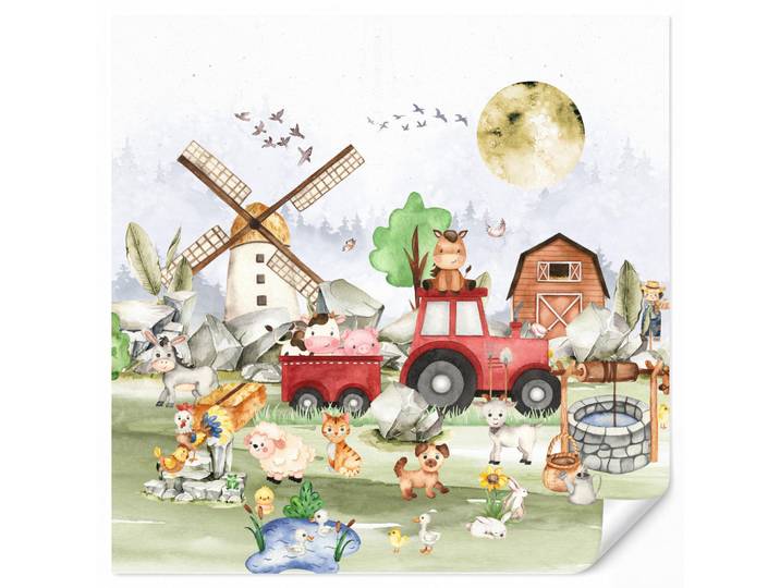 OnlyWow Kindertapete - Bauernhof - Traktor - Kinder - Tiere - 200x220 cm, Weiß, Papier, Rechteckig, 200x220 cm, Tapeten & Wandverkleidungen, Vliestapeten