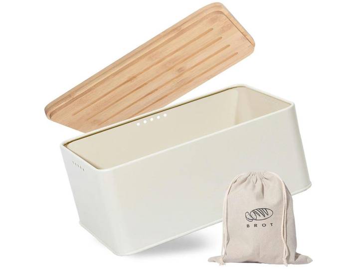 Brotkasten mit Schneidebrett und Brotbeutel Beige 33x21x15cm, Creme, Naturmaterialen, 21x15x33 cm, Geschirr, Tischkultur & Serviergeschirr, Brotkörbe