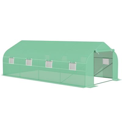 OKWISH Foliengewächshaus aus Eisen in Grün, 595x300x200 cm, begehbar mit Rolltür, Fenstern und Giebeldach