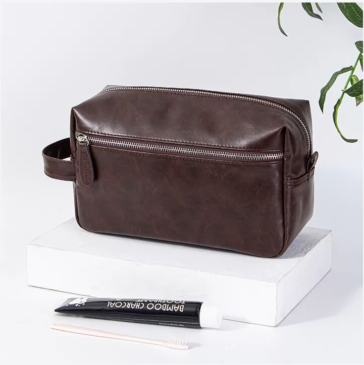 INF Trousse de toilette pour homme, trousse de toilette de voyage en cuir PU avec poignée Café noir