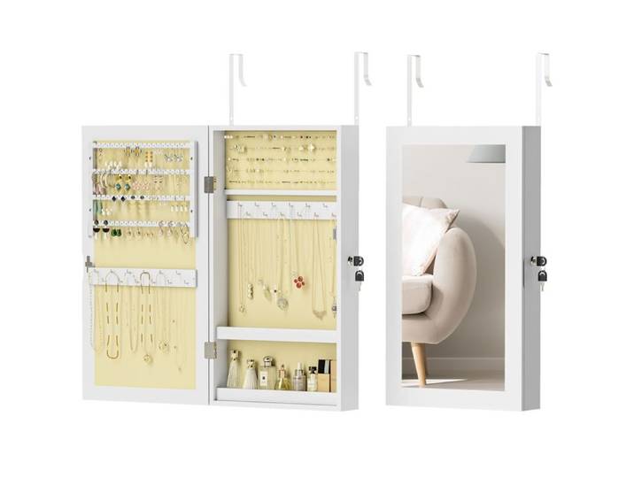 VVBV ARMOIRE A BIJOUX Murale et Suspendue avec Miroir Rangement Verrouillable Blanc