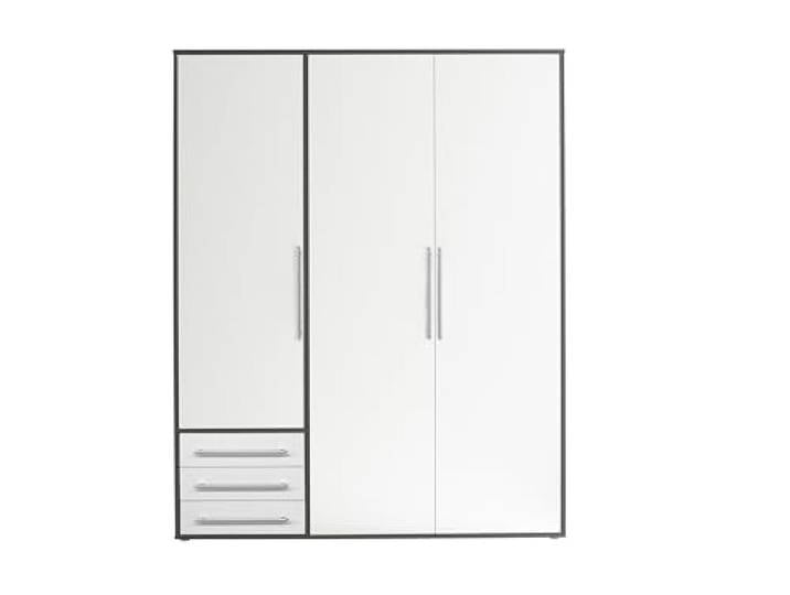 LYSS Kleiderschrank Schrank 3-türig Schlafzimmerschrank Weiß Graphitfarben 155 x 194 x 58 cm (B/H/T), 3 Schubkästen, 3 Einlegeböden, Kleiderstange, Metall, Griffe in Silber-Optik