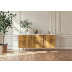 Sideboard Mango 180x40x80 hellbraun geölt / Marmor weiß MIAMI #100