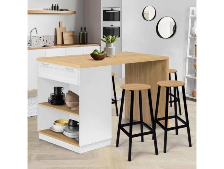 IDMARKET Ilot central mange debout 4 personnes VITO 130 cm blanc et plateau bois