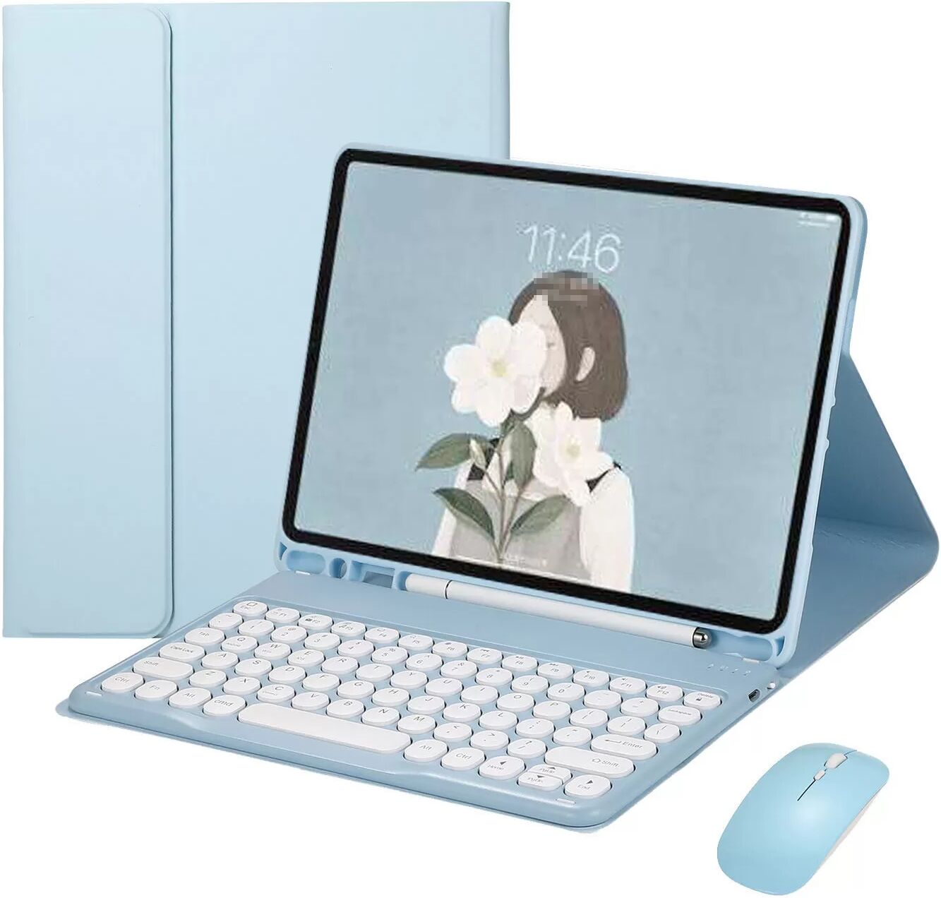 INF Himmelblaue Bluetooth-Tastaturhülle + Bluetooth-Maus kompatibel mit Samsung Galaxy Tab S9+/S10+ 12,4 Zoll