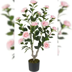 COSTWAY 90 cm Künstlicher Baum mit Blumen, Künstlicher Kamelienbaum, Künstliche Pflanze im Topf, Kamelienpflanze mit 16 Blumen