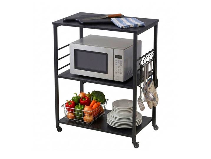 Relaxdays Küchenrollwagen Schwarz 3 Ebenen 60 cm, Metall, 60x89x40 cm, Esszimmer, Servierwagen