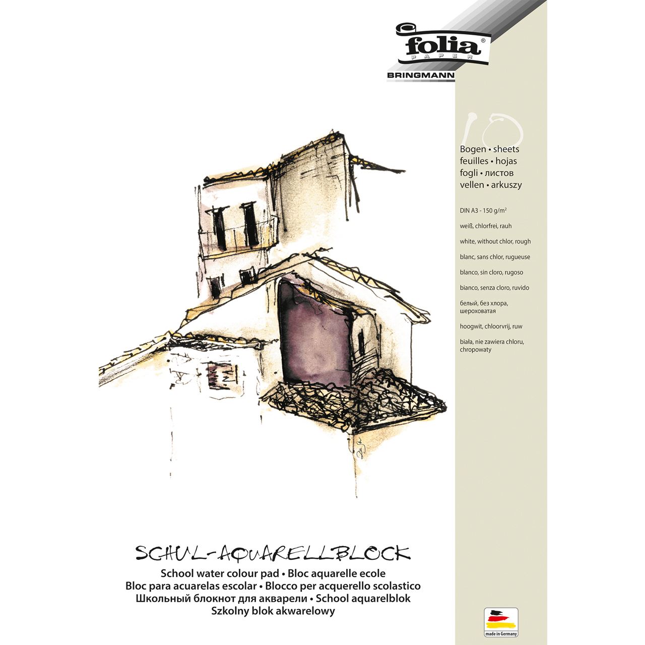 folia Aquarellblock SCHULE 3-Seiten verleimt DIN A3