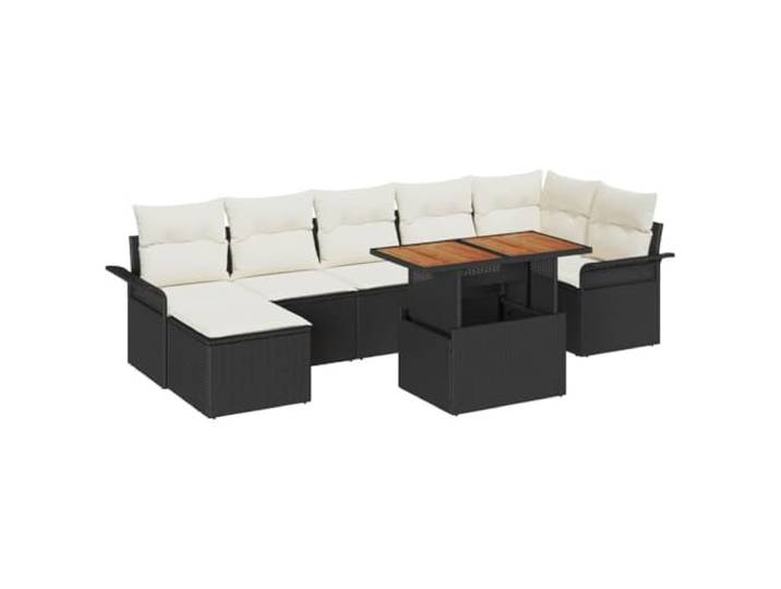 8er Set Garten-Sofa Polyrattan Schwarz Creme Holz Akazien Verstellbare Tischplatte, modulare Ausrichtung, UV-beständig, elegantes Design, leicht zu pflegen