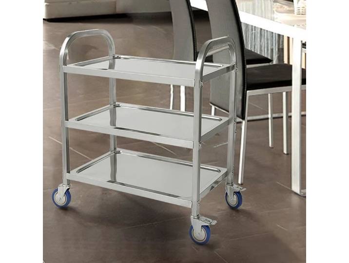 Chariot de Service Rangement Multi-fonction à Roulettes 3 Niveaux Acier Inox Chromé - YIS