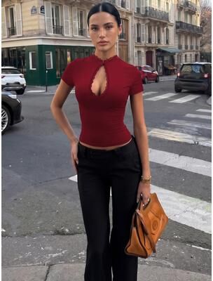 Daily Discovery Lace Patchwork Hollow Out Ruffle Top For Women Casual Party T Shirt red s