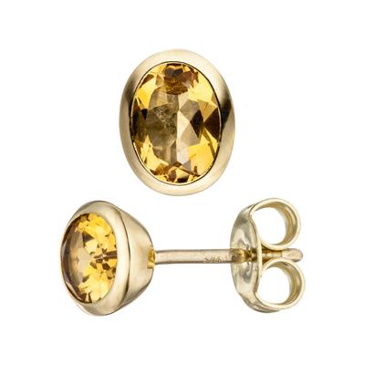 Paar Ohrstecker JOBO "Ohrringe Goldohrringe oval 8 mm", gelb (gelb, gelb), Ohrringe, Damen, Gelbgold 585, 585 Gold mit Citrin