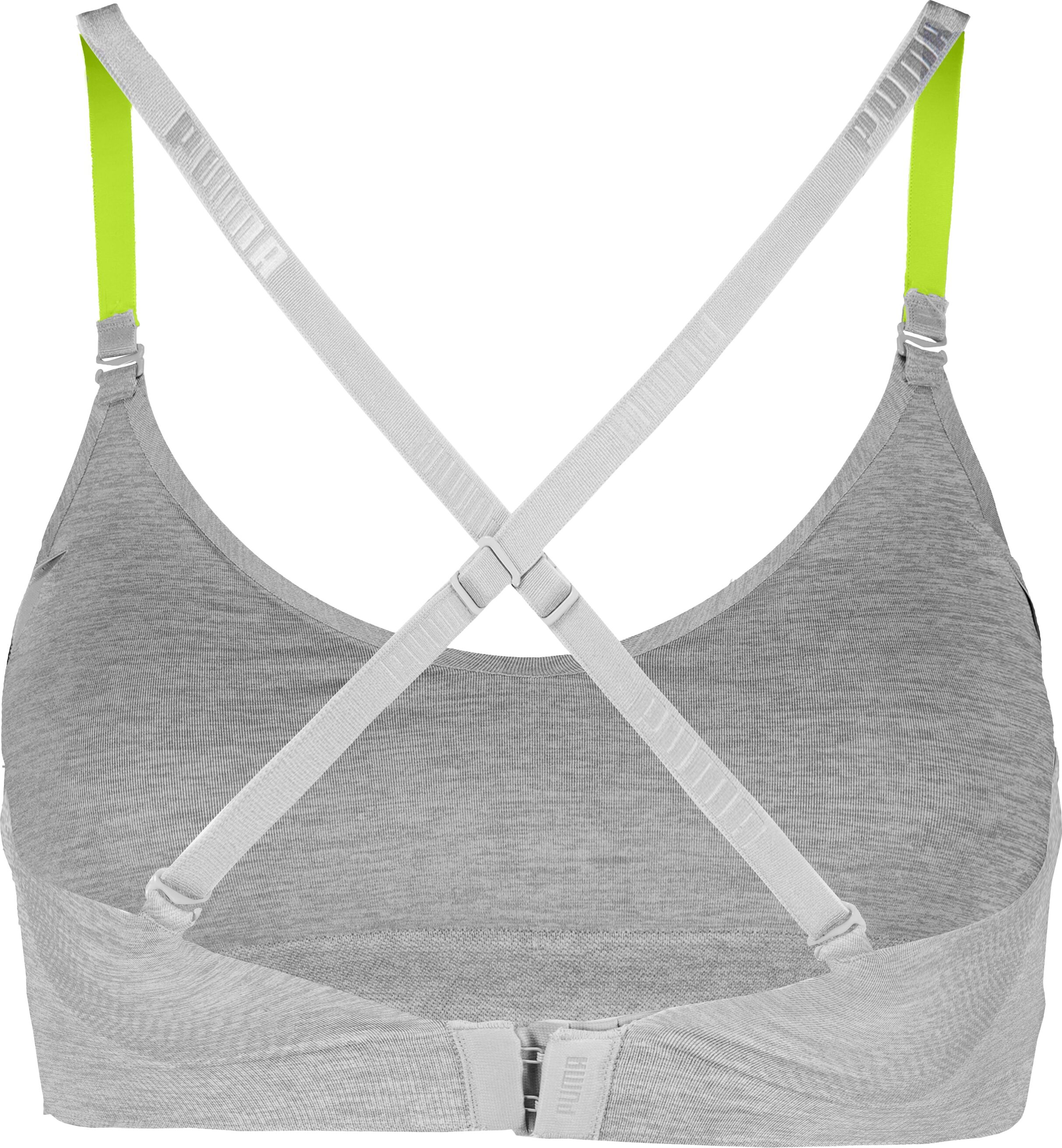 Sport-Bustier PUMA "PUMA WOMEN 3D KNIT SPORT TRIANGLE TOP 1P", Damen, Gr. L, N-Gr, grau (grau melange), Feinstrick, Obermaterial: 65% Polyamid, 24% Polyester, 11% Elasthan, BHs Sport-Bustier, wendbare und verstellbare Träger für einen personalisierten Loo