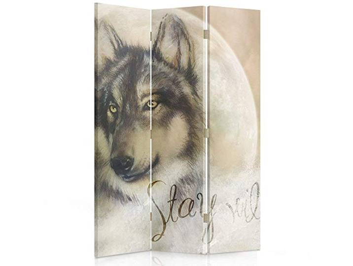 Feeby Frames. Raumteiler, Ggedruckten auf Canvas, Leinwand Wandschirme, dekorative Trennwand, Paravent einseitig, 3 teilig (110x150 cm), Wolf, MOND, BRAUN, WEIß, BEIGE