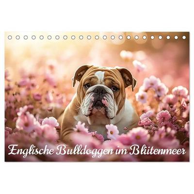 Englische Bulldoggen im Blütenmeer (Tischkalender 2027 DIN A5 quer), CALVENDO Monatskalender