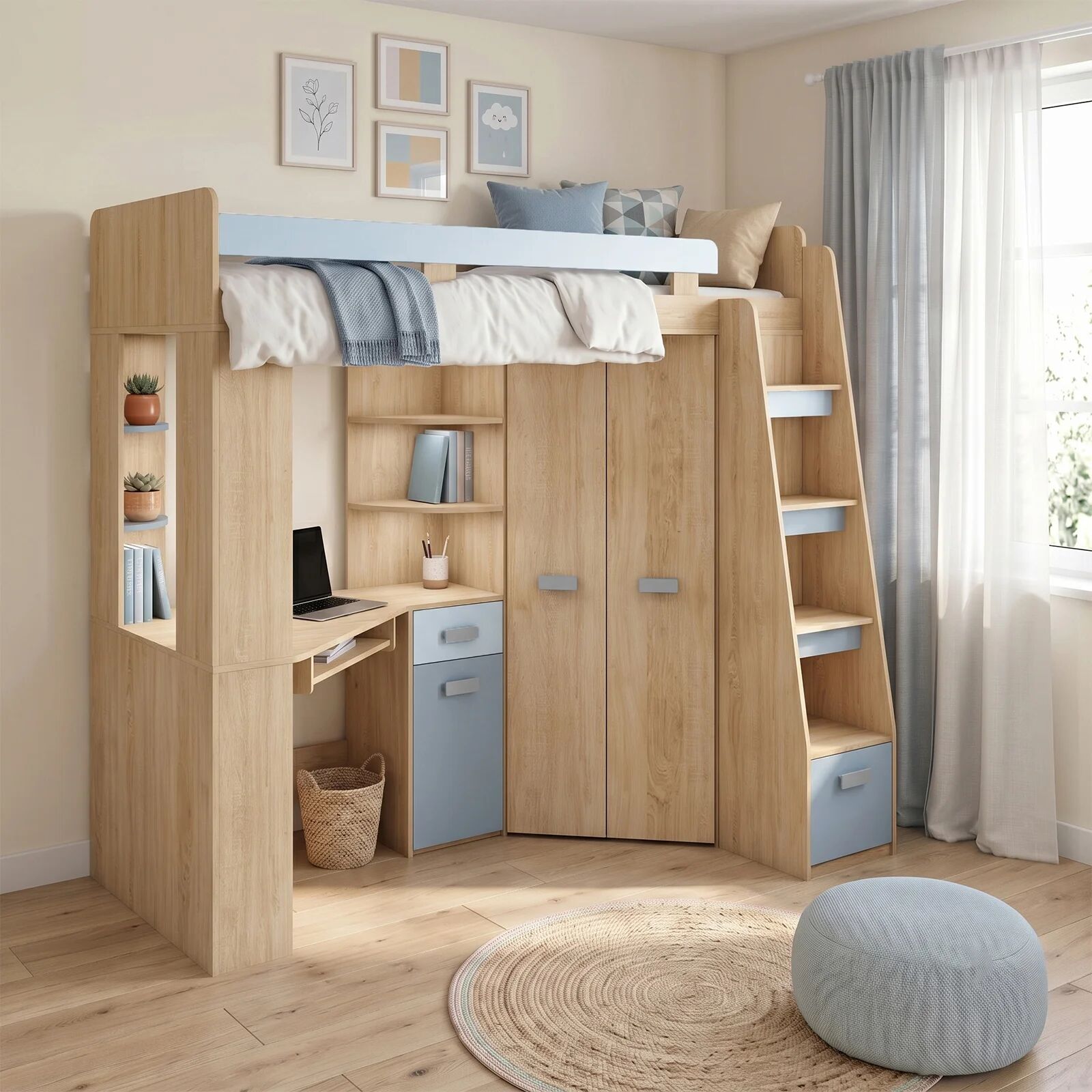 garneroarredamenti Cameretta 204x120cm completa destra 1 letto singolo rovere blu Dollie Gihome®