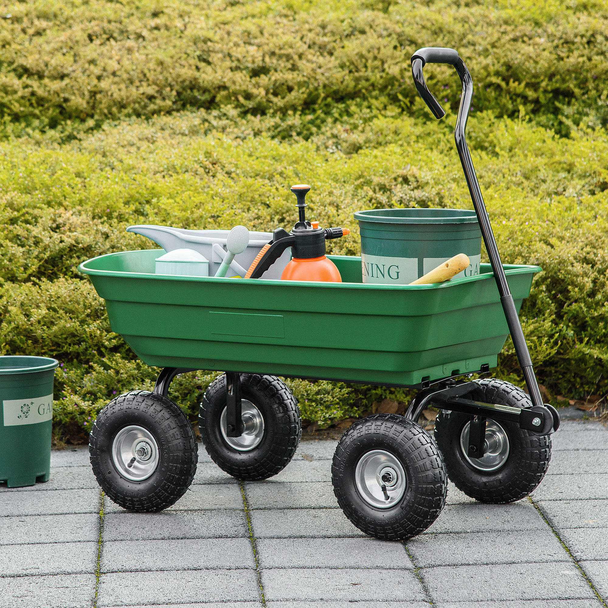 Outsunny Carrello da Giardino con Struttura in Acciaio e Pneumatici, Impugnatura Morbida, Portata 250kg, 108x52x100cm, Verde Aosom