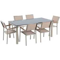 GARTENMÖBEL-SET 6-Sitzer Glasplatte schwarz Textilbespannung beige Grosseto