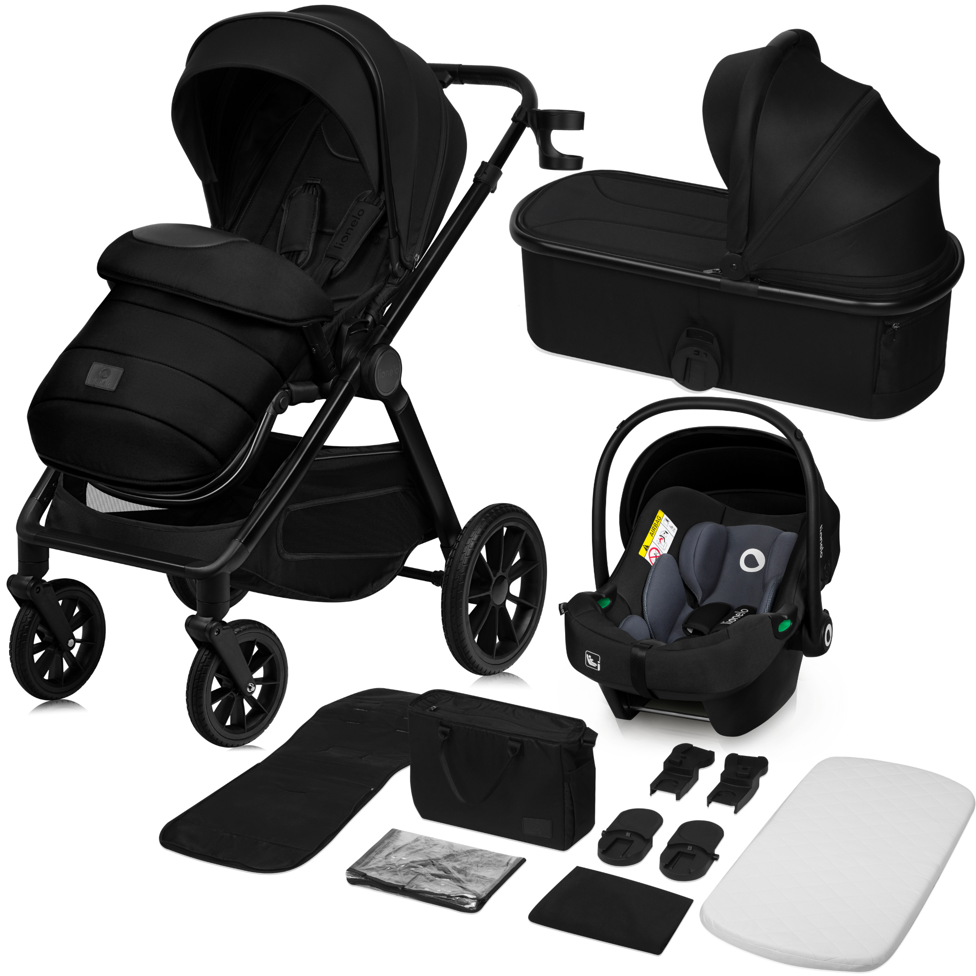 Lionelo Kombikinderwagen Layla 3in1 Babyschale, Babywanne und Buggy bis 22 kg, Babywanne bis 9 kg, 360° Schwenkbare PolyurethanRäder, XXL Verdeck - Schwarz