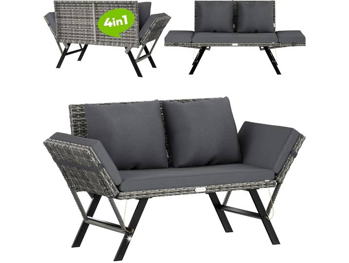 Banc de jardin en polyrotin avec fonction inclinable, coussin résistant aux intempéries, accoudoirs réglables, extérieur, jardin, terrasse, balcon, canapé