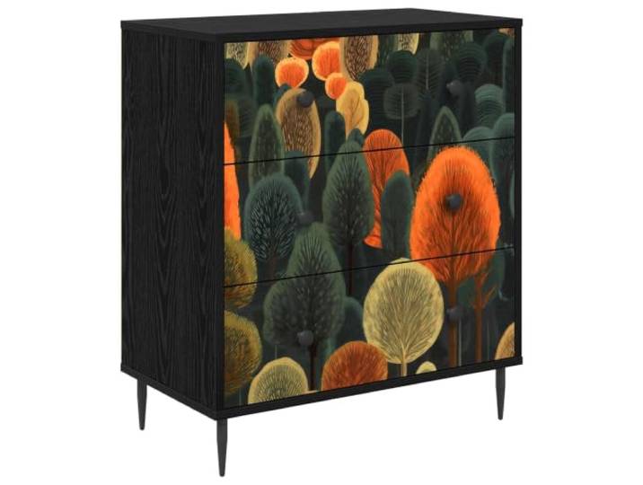 Foknhdi Kommode ZAANDAM Schwarz Eichen-Optik 3 Schubladen 66x36.5x76cm Moderne Anrichte mit dekorativem Waldmuster und 3 Schubladen fuer stilvollen Stauraum in Wohnzimmer oder Schlafzimmer.