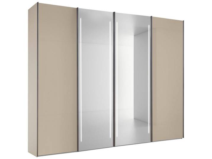 Dieter Knoll Schwebetürenschrank, Grau, Glas, 8 Fächer, F, warmweiß, 300x236x68 cm, in verschiedenen Größen erhältlich, Beleuchtung, Holzdekoren Schrankfront mit Spiegel, Schlafzimmer, Kleiderschränke, Kleiderschränke mit Spiegel