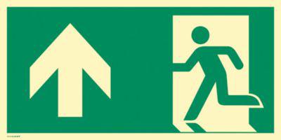 moedel Fluchtwegschild "Notausgang links Pfeil oben", nach ISO 7010 E001, Aluminium 0,6 mm, langnachleuchtend, B 297 x H 148 mm