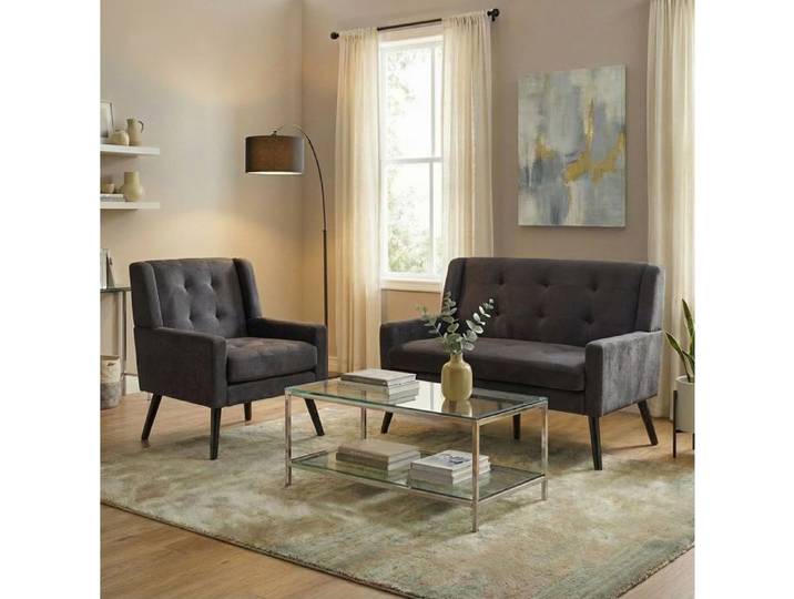 COVREO Ensemble fauteuil 1 place et canapé 2 places capitonné en tissu gris foncé