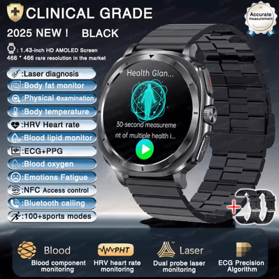 Inspire Curations AI Laser Health Smartwatch With ECG PPG, Uric Acid & Blood Lipid Analysis black Steel B 2a