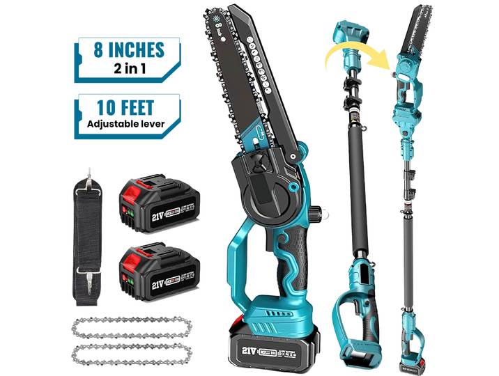 Scie à chaîne sans fil 2-en-1 et mini-tronçonneuse, guide de 8 pouces, 800W sans balais, extensible jusqu'à 3 mètres pour l'élagage des arbres