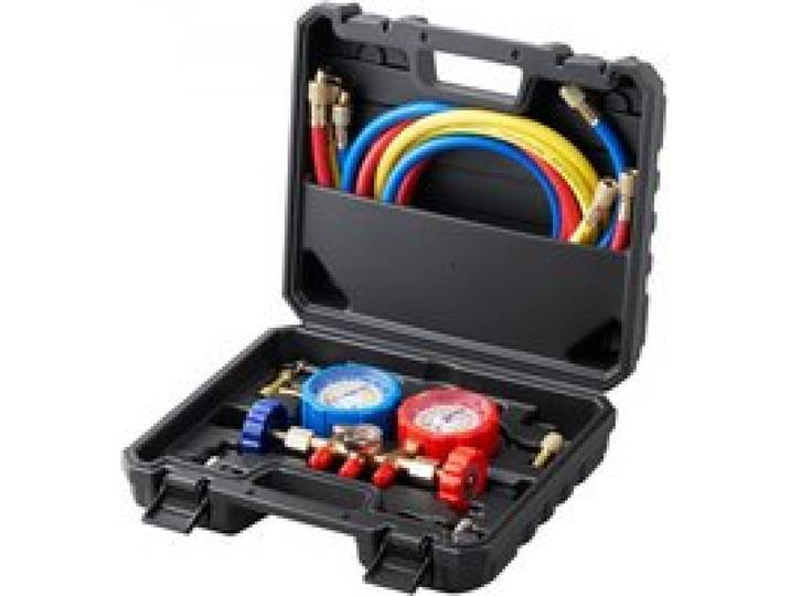 VEVOR Kältemittel Manometer 3-Wege Auto Kältemittel Verteiler Messgeräteset R134A-R22-R12-R502 Ac 4 Stk。 1,52 m Ladeschläuche Kältemittel Manometer