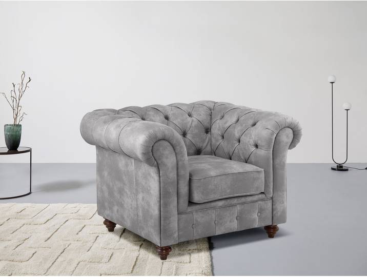 Sessel GOODPRODUCT Chesterfield B/T/H: 105/69/74 cm , grau (hellgrau), B:105cm H:74cm T:89cm, Luxus-Microfaser (94% Polyester, 5% Nylon, 1% Spandex);Luxus-Microfaser Snake (100% Polyester);Microfaser Antiklederoptik (100% Polyester);NaturLEDER (echtes italienisches Rindsleder), Sessel, Sessel, mit hochwertiger Knopfheftung, auch in Leder