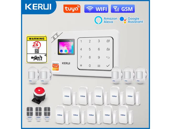 Kit d'alarme intelligent pour maison connectée KERUI WiFi GSM, compatible avec Google Assistant, système d'alarme antivol sans fil, fonctionne avec Tuya, protection de sécurité 433mhz
