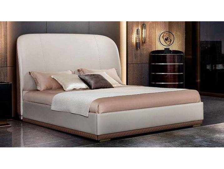 JVmoebel Lederbett Beiges Lederbett mit eleganten Holz-Nachttischen, Made in Europa