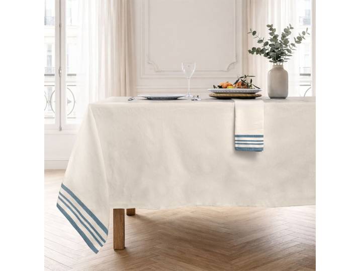 Nappe + 8 serviettes coton 180x350 beige lin & bleu pétrole