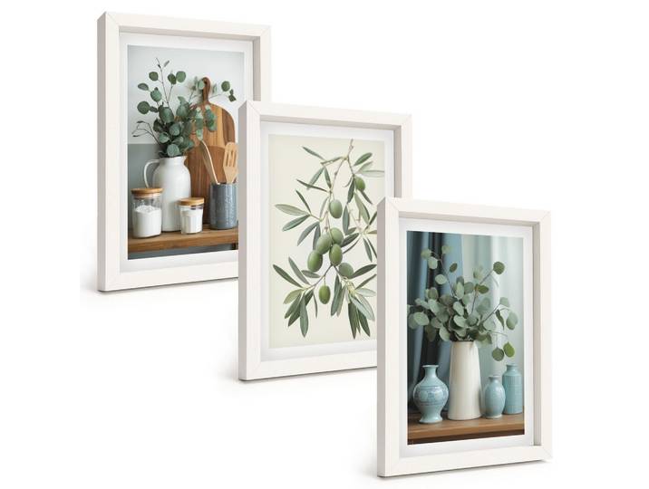 BILDER SET 3er Set - 20x30 cm Weißer Rahmen - Grüne Oliven, Eukalyptus