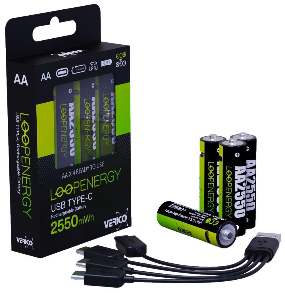VERICO USB-Akkus mit Ladekabel LoopEnergy AA2550 Li-Ion Mignon AA 1700 mAh, 4 St. 1UDBT-A1WEAC-NN