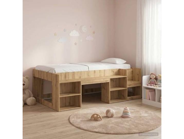 RJPLMFV Kinderbett mit Einlegeböden aus Holz Modern, minimalistisch, feste Latten, integrierte Aufbewahrung, handwerkliche Eiche, einfache Montage