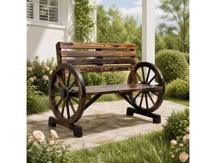 Banc de jardin 2 places en bois de sapin style campagne accoudoirs roues de charrette marron FOLYNA