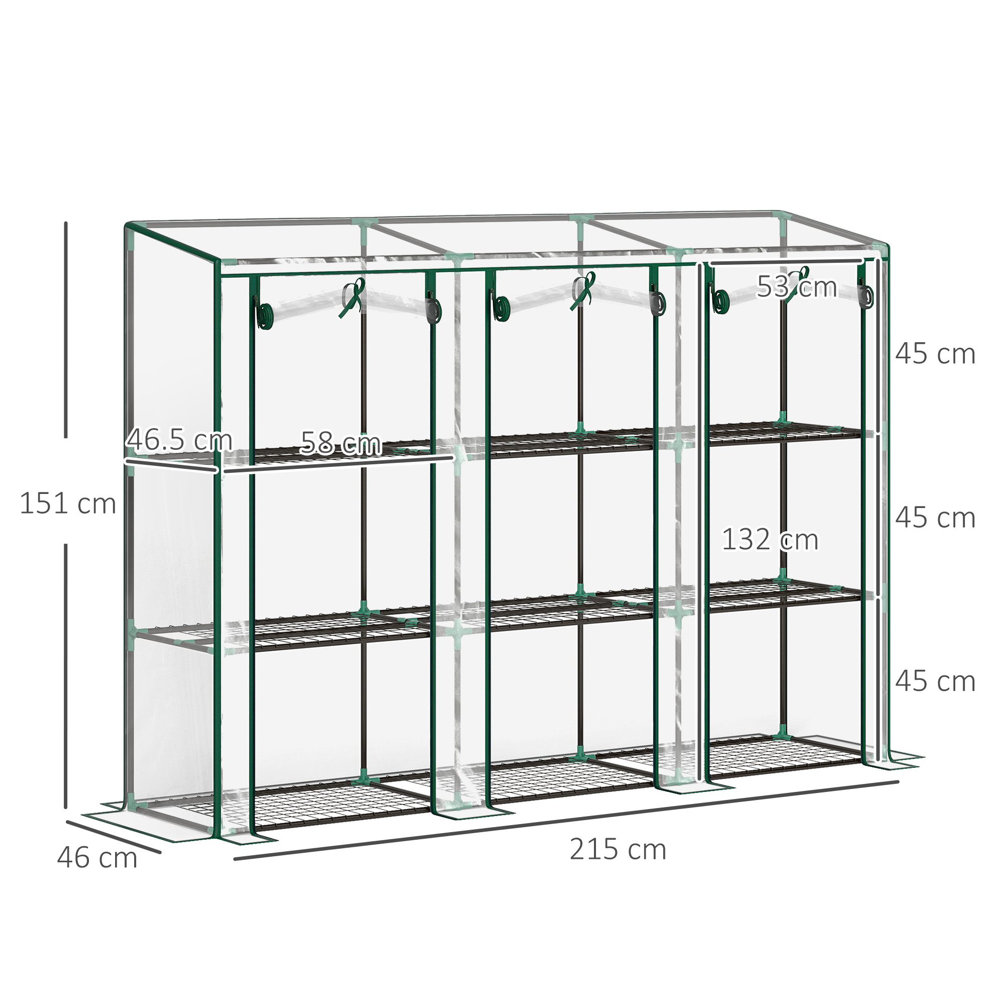 Outsunny Serra da giardino con ripiani a 3 livelli serra da balcone 3 porte avvolgibili con zip 215 x 46 x 151 cm verde