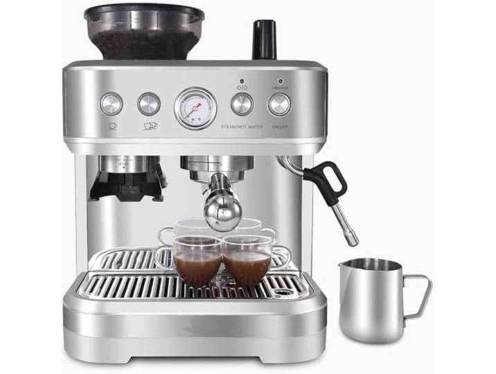 Espressomaschine Mit 2.3 L Wassertank – 15 Bar Extraktionsdruck, Espresso SiebträGermaschine Integriertes Mahlwerk & Professionelle Milchschaumdüse für Cappuccino und Latte, Edelstahl, Silber