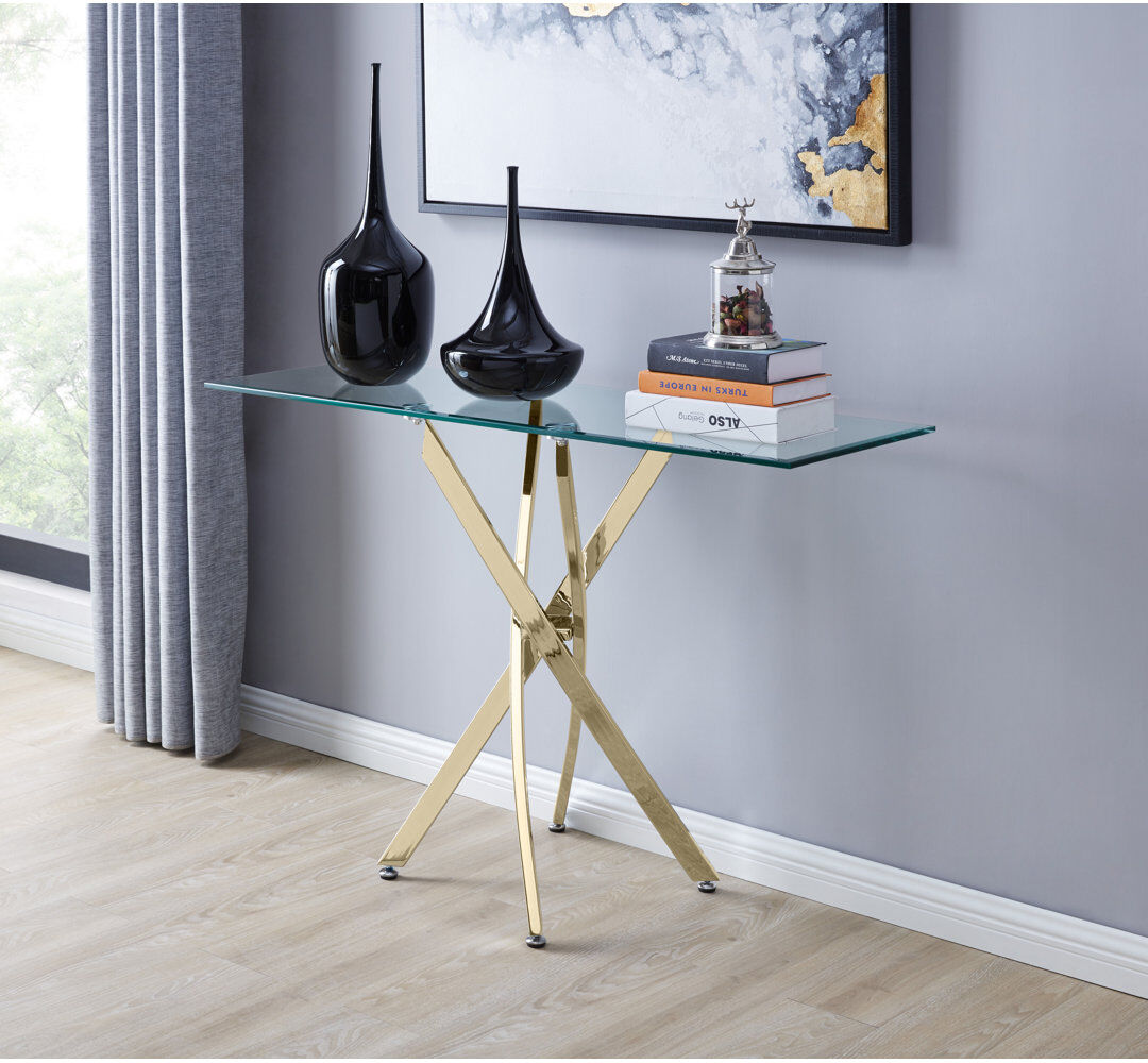Canora Grey Chayton Modern Contemporary Glass And Chrome Console Hallway Table - Modern Sleek Design Gold 78cm H X 40cm W X 120cm D