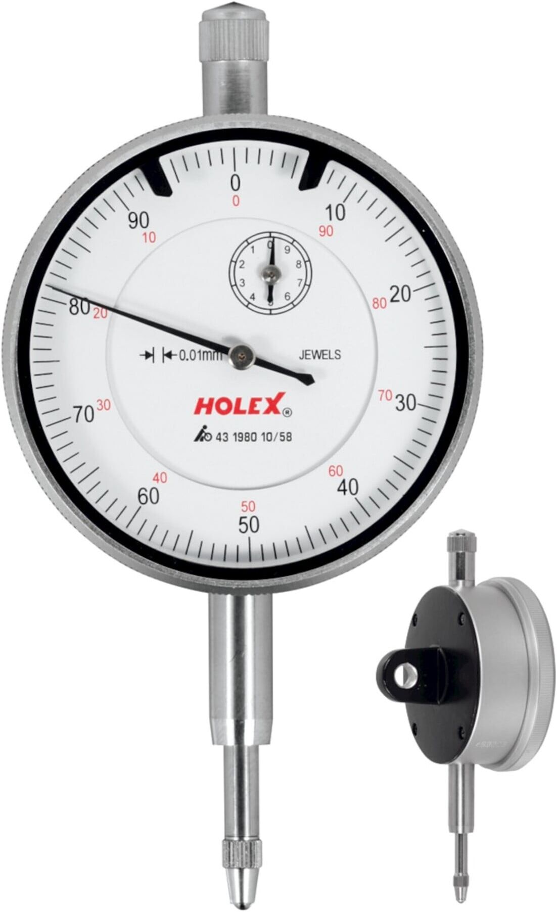 HOLEX Messuhr 10/58mm Messbereich 10mm Ablesung 0,01mm aus Metall/Kunststoff mit Zifferblatt Ø58mm und Rückwandbefestigung für Messungen, 431980 10/58B)