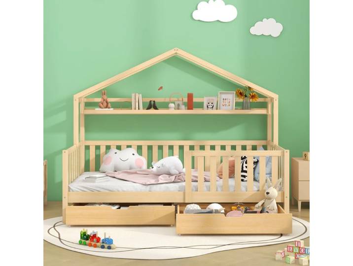 Lit enfant - KOMHTOM - Lit maison enfant - Pin massif - 90 x 200 cm - 2 tiroirs