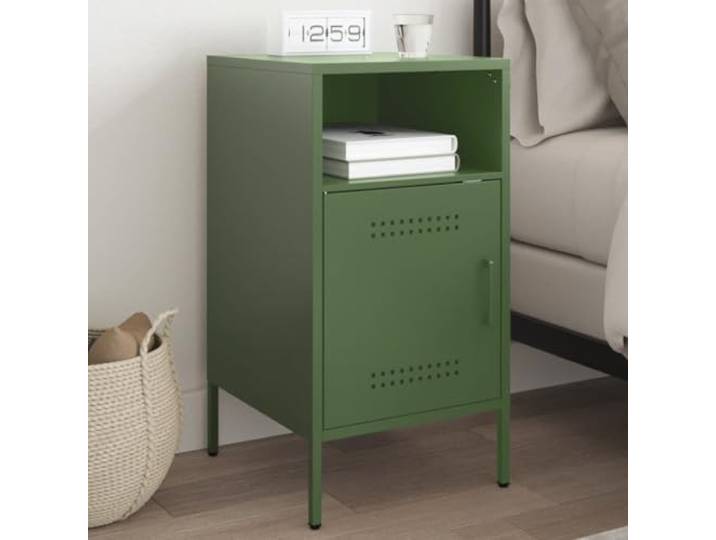 HEFZGDB Industrie-Stil Nachttisch Olivgrün 36x39x68 cm Stahl Metallschrank mit Stauraum und verstellbaren Füßen