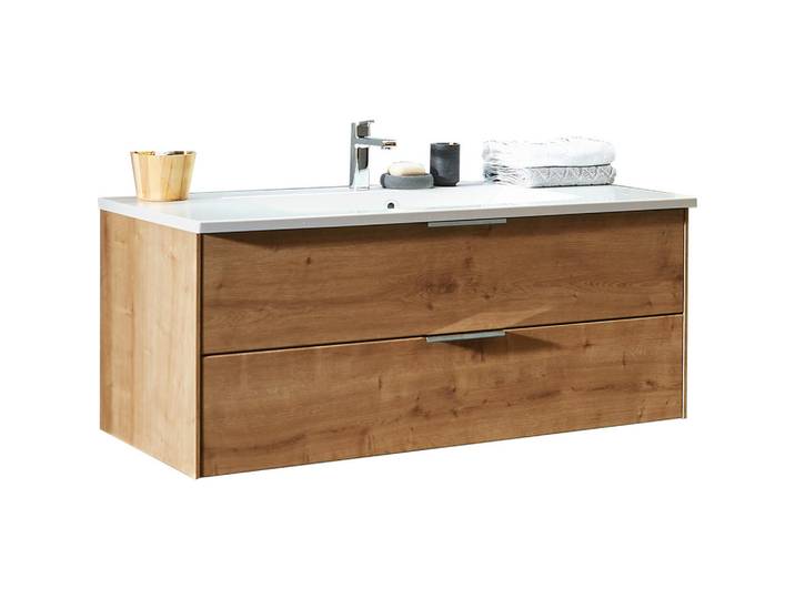 Novel Waschtischkombi, Eichefarben, Metall, 2 Schublade(n) Schubladen, 123.2 cm, Goldenes M, Made in Germany, hängend, Badezimmer, Waschbecken & Armaturen, Waschtische
