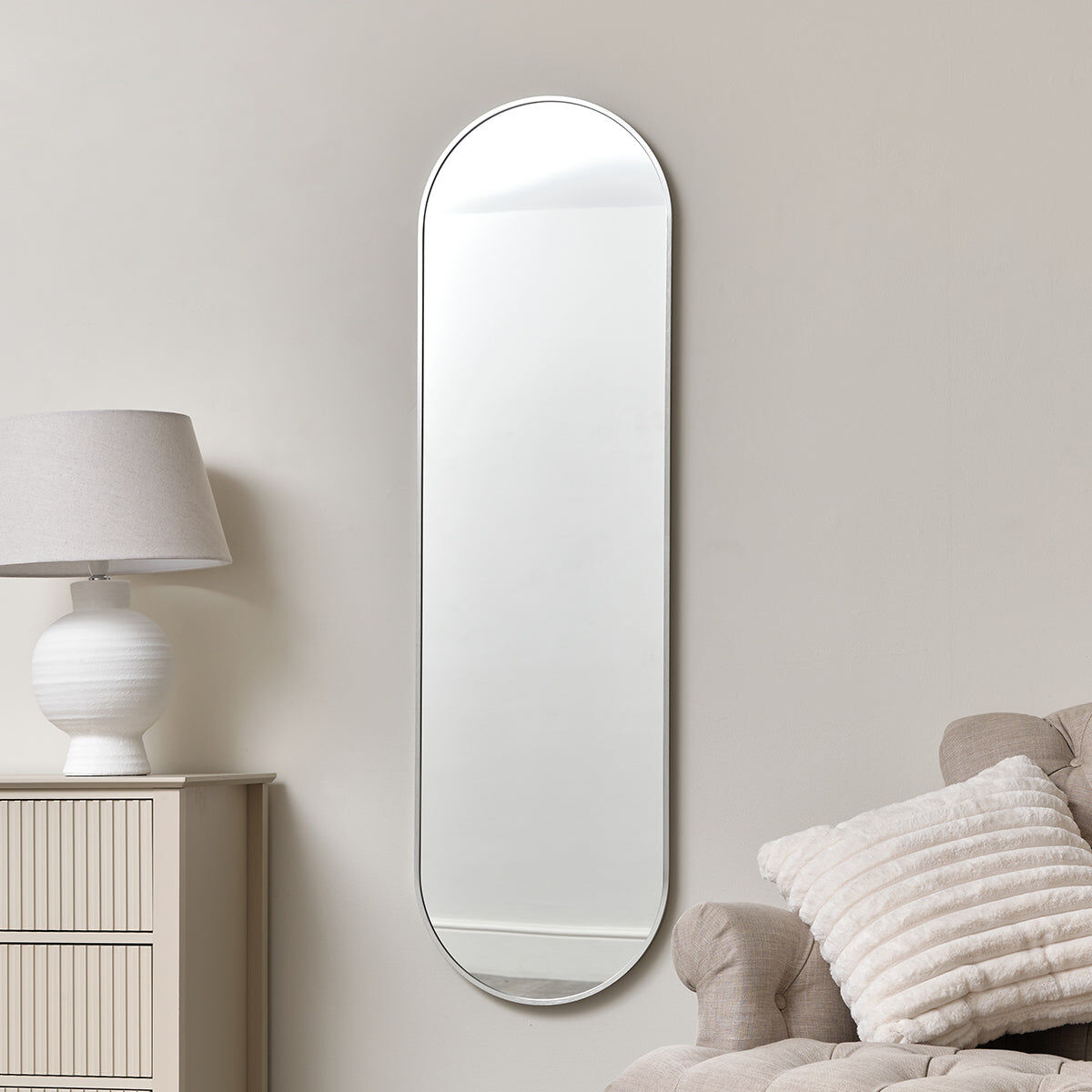 Silver Oval Framed Wall Mirror 140cm x 40cm Resin, Glass, Metal