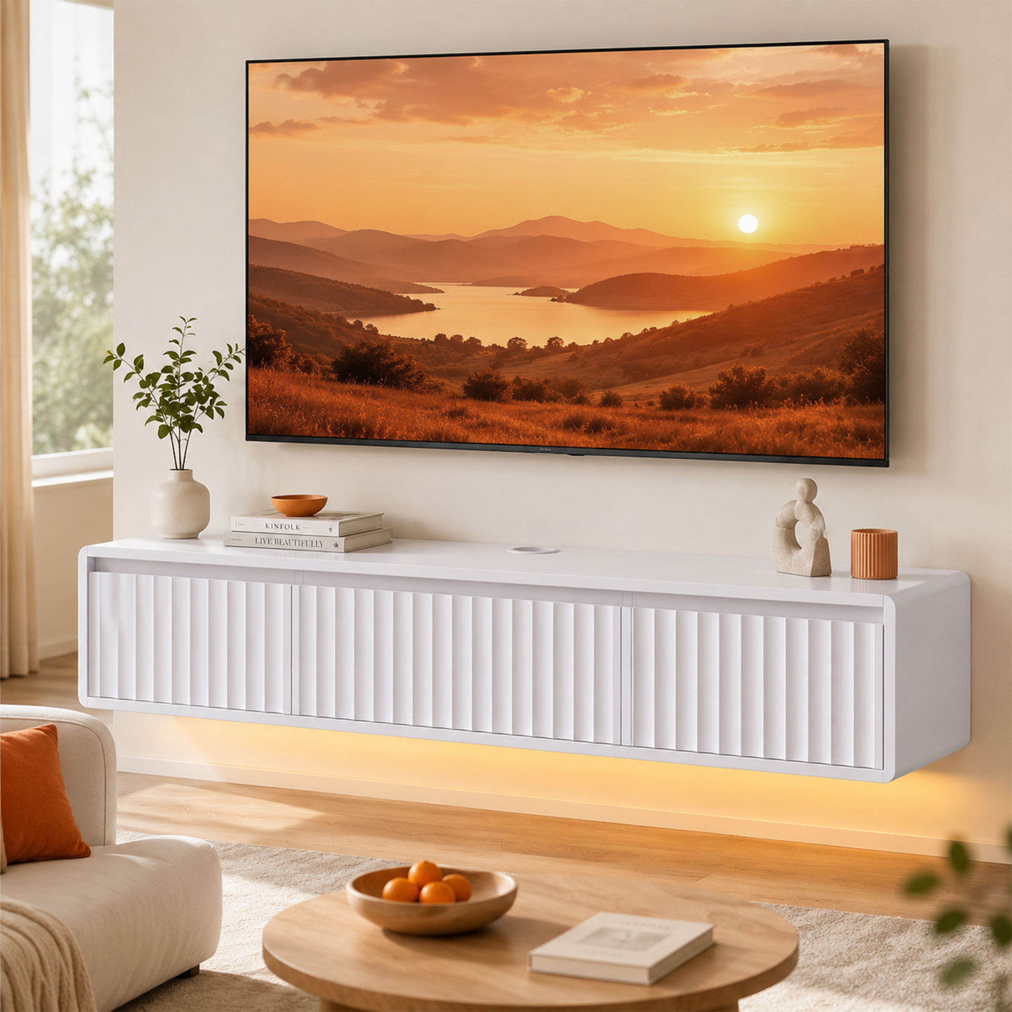 Homcom Mobile TV sospeso 120 cm con LED e prese per TV fino a 165,1 cm, bianco   Aosom Italy