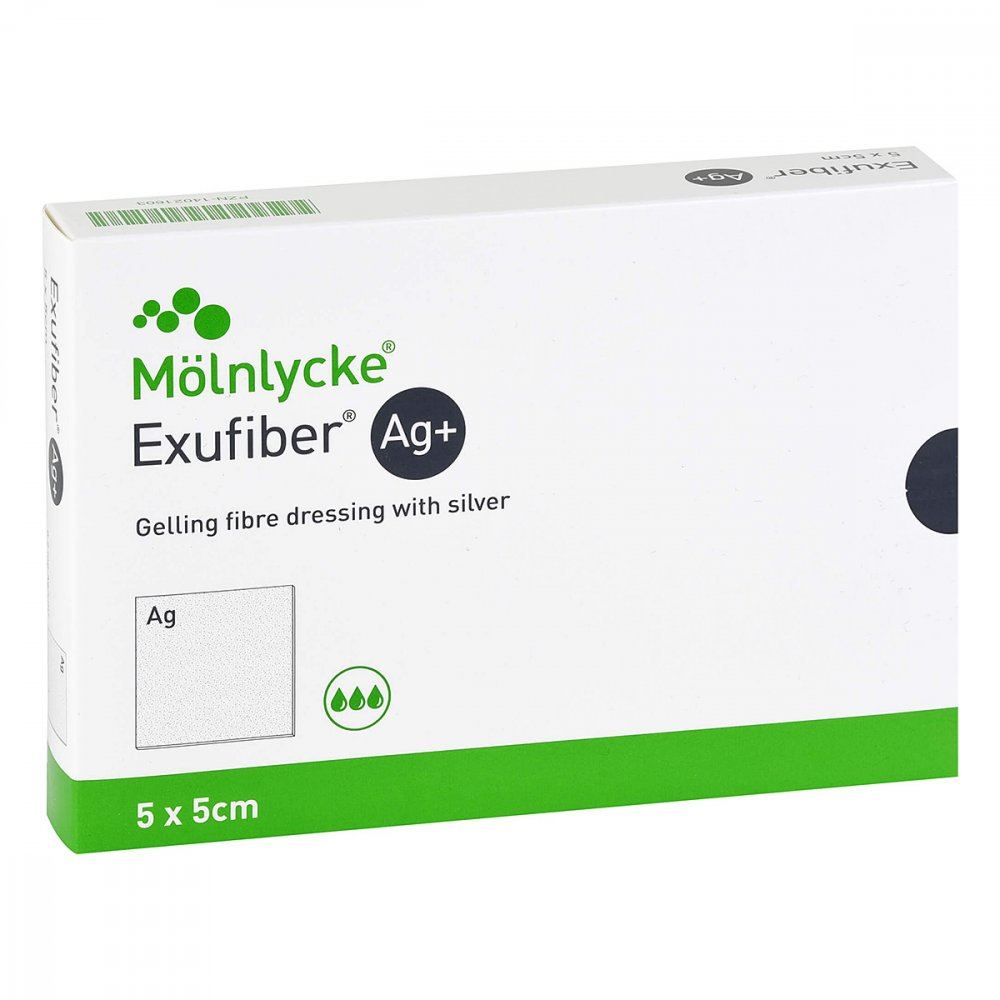 Mölnlycke Health Care GmbH Exufiber Ag+ 5x5 cm gelbild.Faserverb.m.Silber 14021603